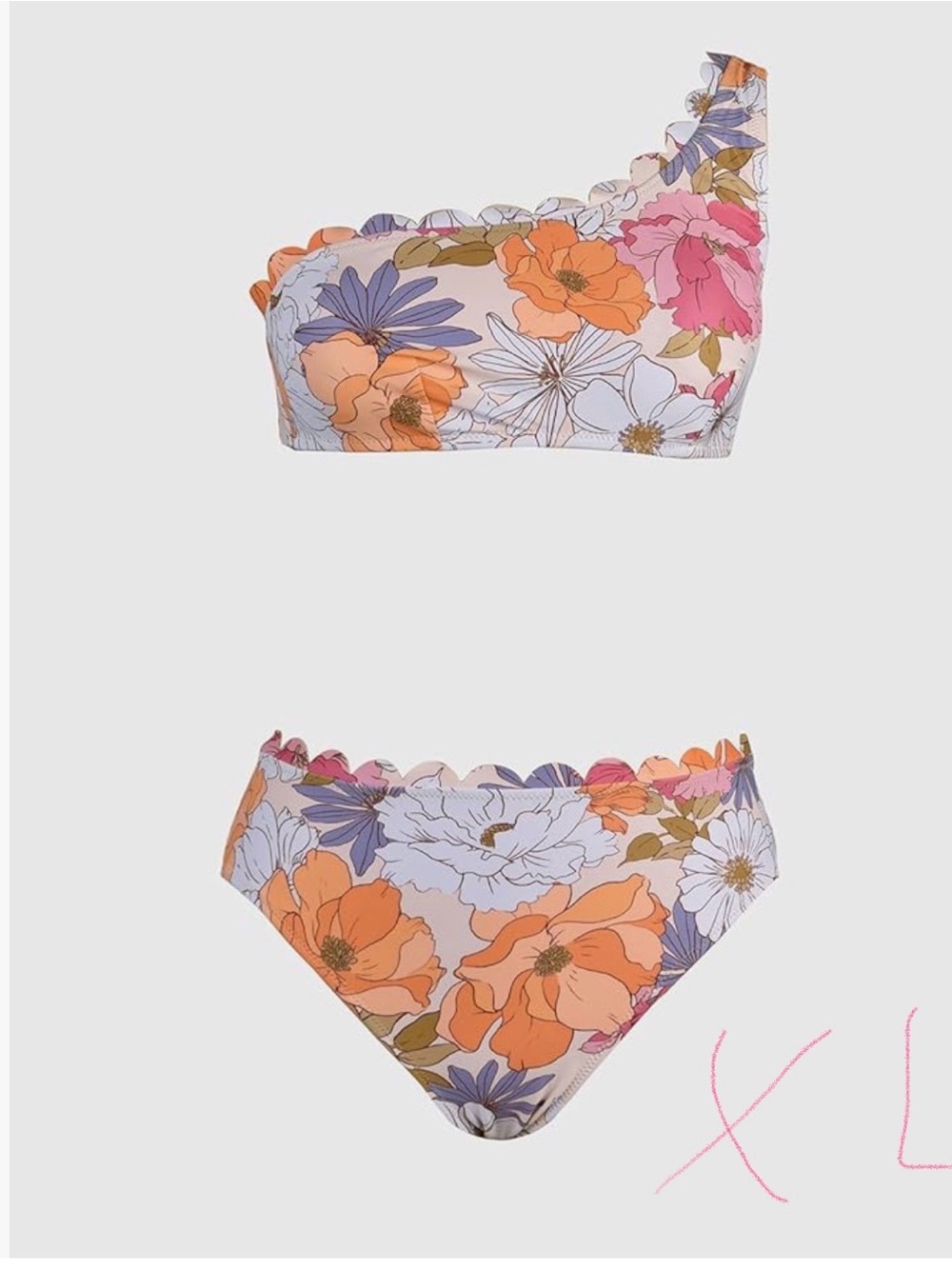 Cupshe White Floral One-Shoulder Bikini Set with Orange & Purple Flowers